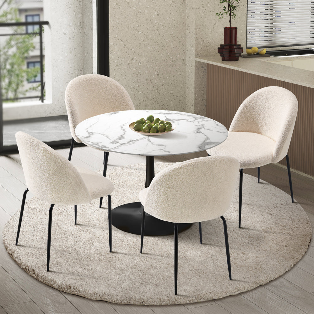 Oikiture 90cm Round Dining Table with 4PCS Chairs Sherpa White