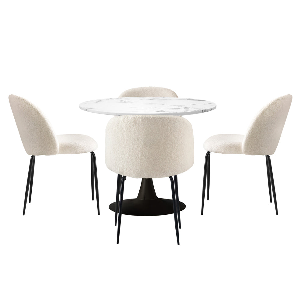 Oikiture 90cm Round Dining Table with 4PCS Chairs Sherpa White