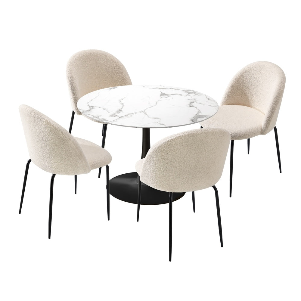 Oikiture 90cm Round Dining Table with 4PCS Chairs Sherpa White