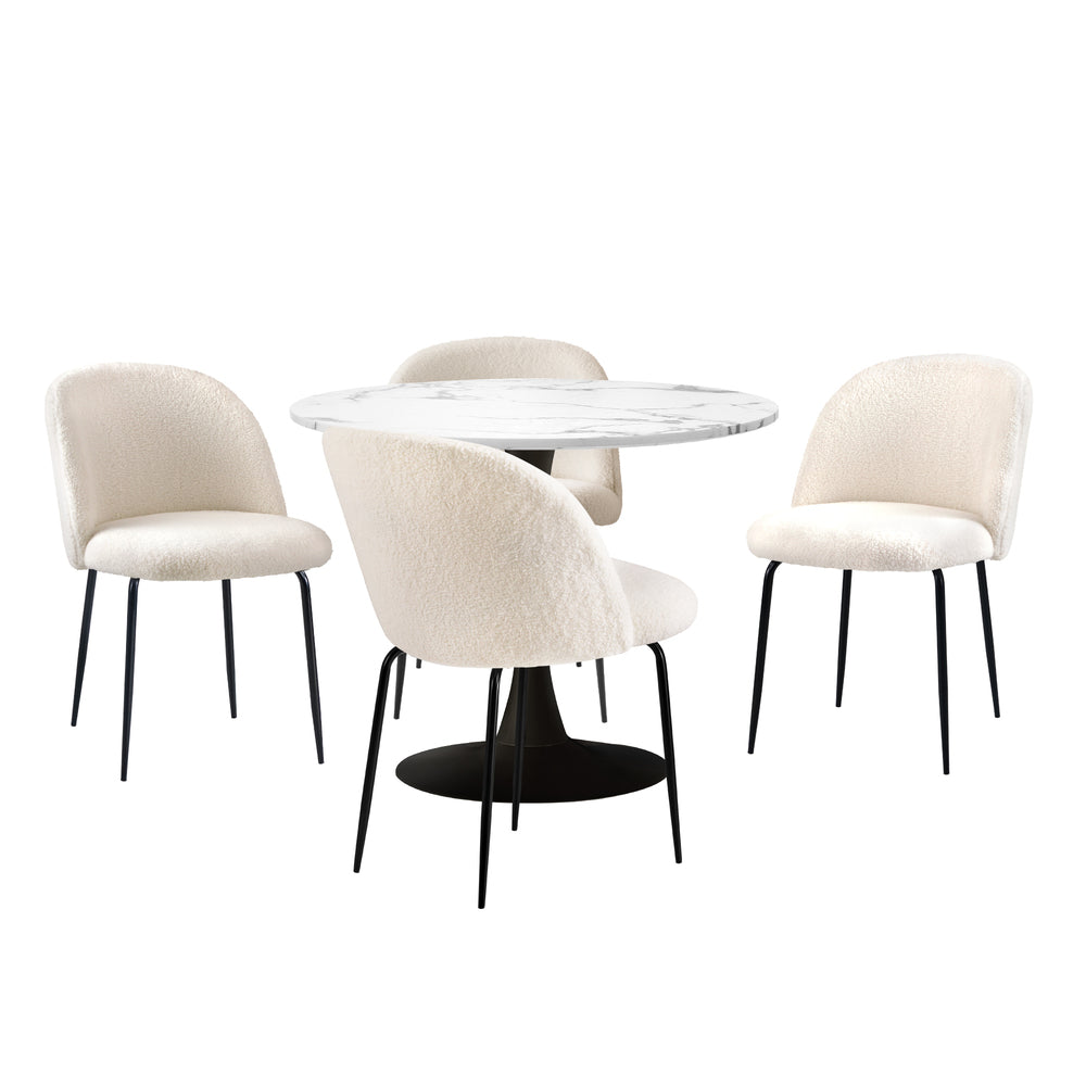 Oikiture 90cm Round Dining Table with 4PCS Chairs Sherpa White