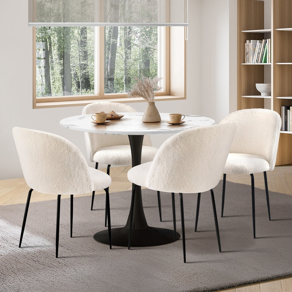 Oikiture 90cm Round Dining Table with 4PCS Chairs Sherpa White