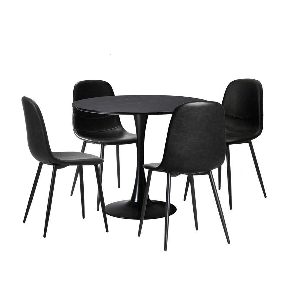 Oikiture 90cm Round Dining Table with 4x Dining Chairs PU Leather Black