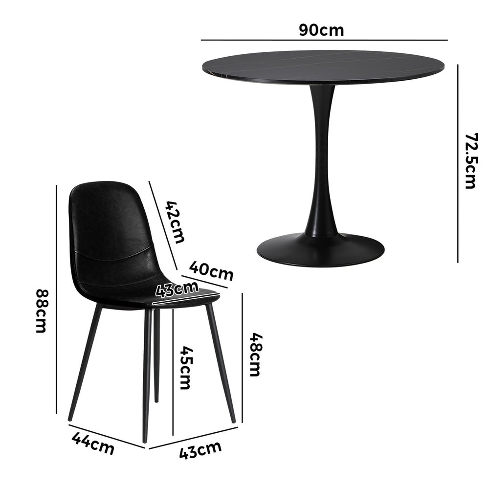 Oikiture 90cm Round Dining Table with 4x Dining Chairs PU Leather Black