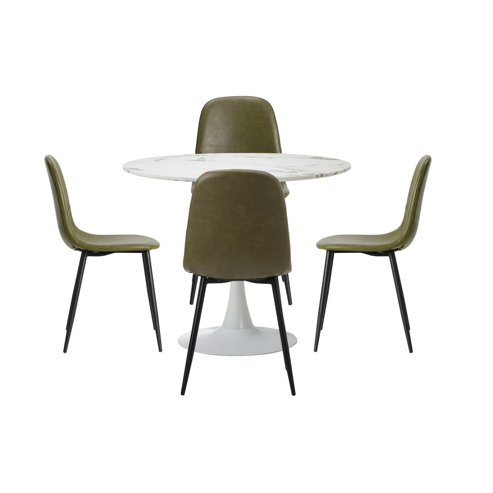 Oikiture 90cm Round Dining Table with 4x Dining Chairs PU Leather Green