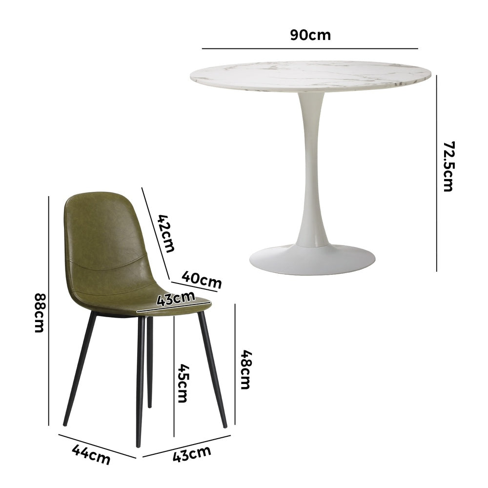Oikiture 90cm Round Dining Table with 4x Dining Chairs PU Leather Green