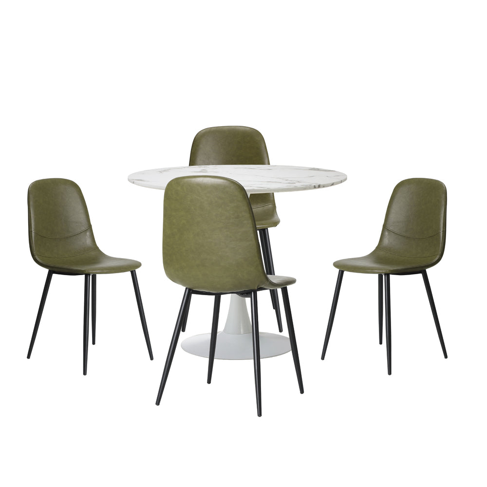 Oikiture 90cm Round Dining Table with 4x Dining Chairs PU Leather Green