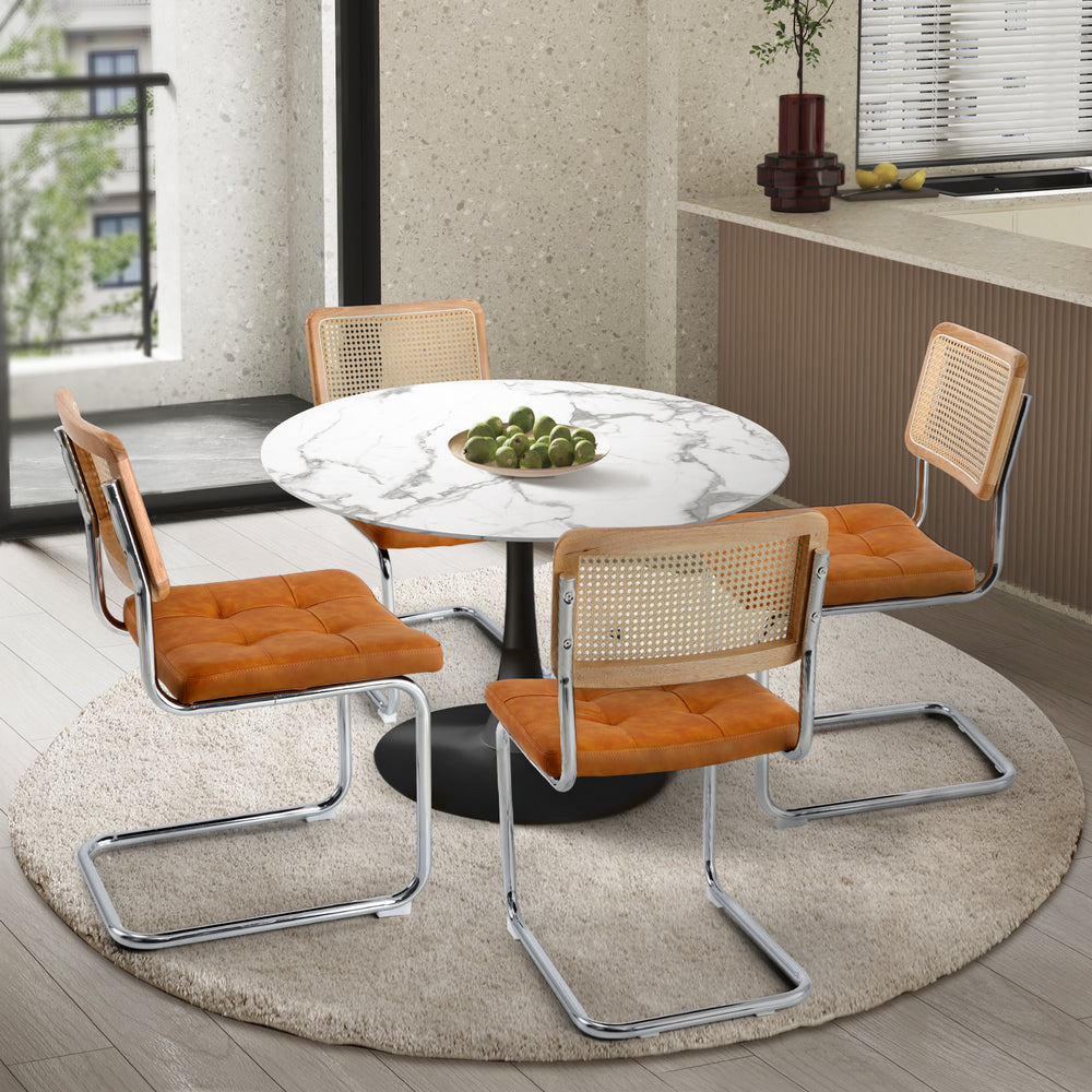 Oikiture 90cm Round Dining Table with 4PCS Chairs PU Leather Brown