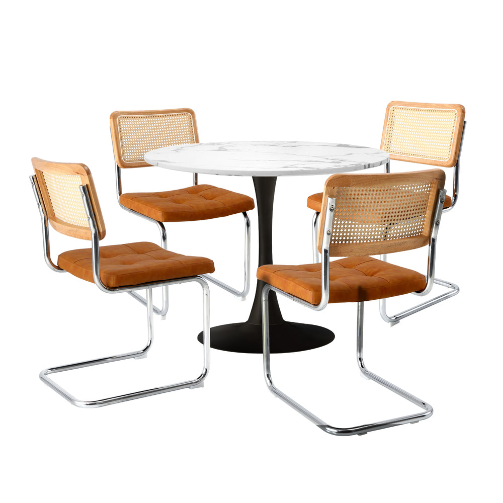 Oikiture 90cm Round Dining Table with 4PCS Chairs PU Leather Brown