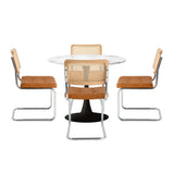 Oikiture 90cm Round Dining Table with 4PCS Chairs PU Leather Brown