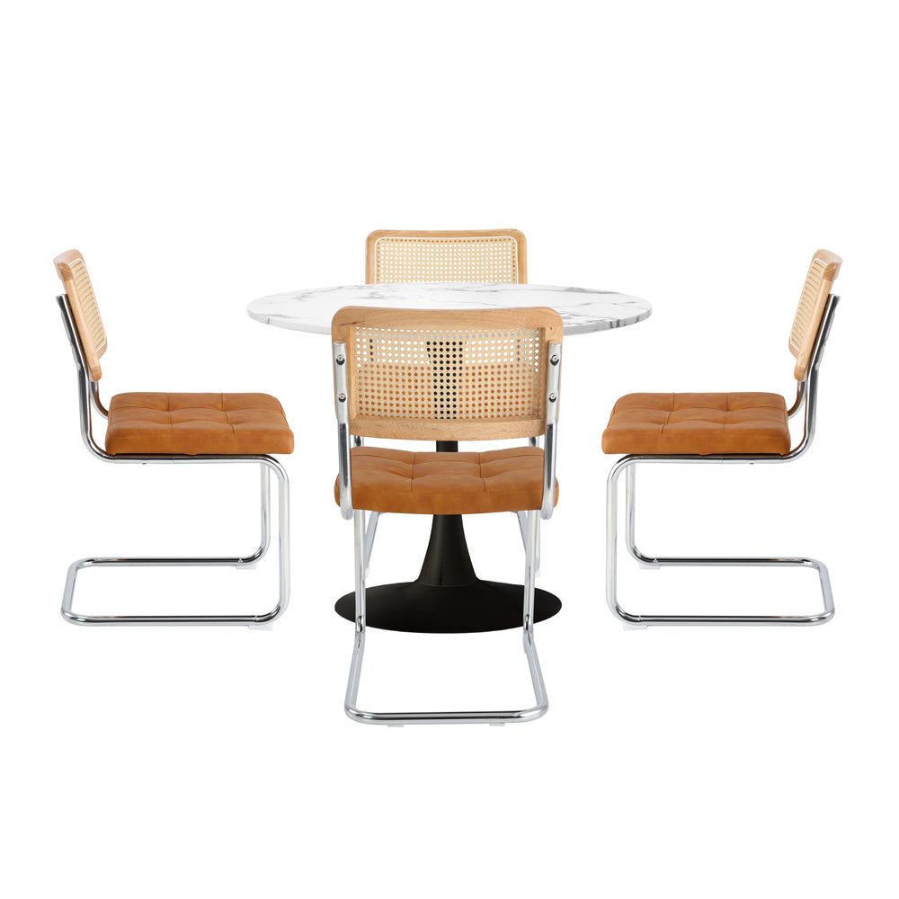 Oikiture 90cm Round Dining Table with 4PCS Chairs PU Leather Brown