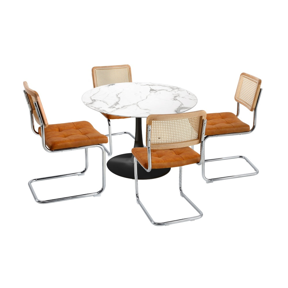 Oikiture 90cm Round Dining Table with 4PCS Chairs PU Leather Brown