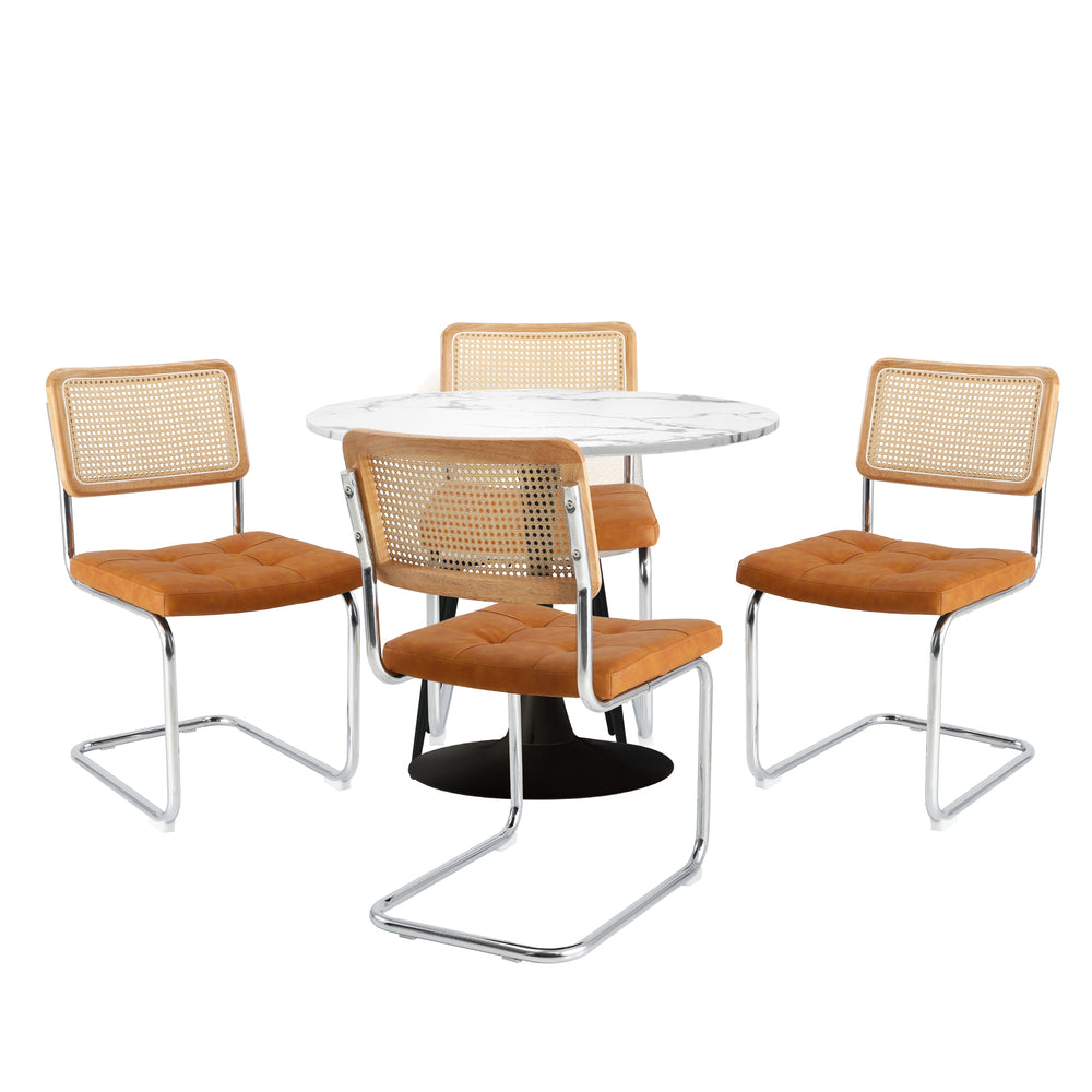 Oikiture 90cm Round Dining Table with 4PCS Chairs PU Leather Brown