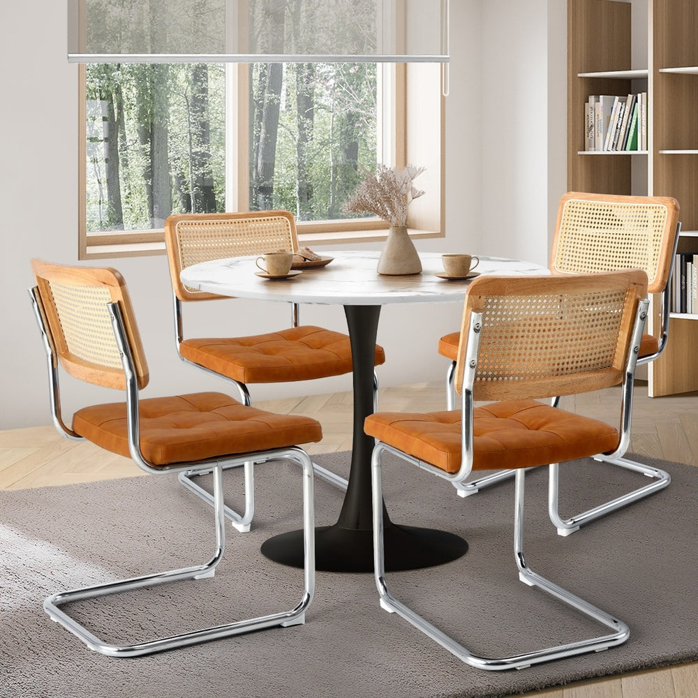 Oikiture 90cm Round Dining Table with 4PCS Chairs PU Leather Brown