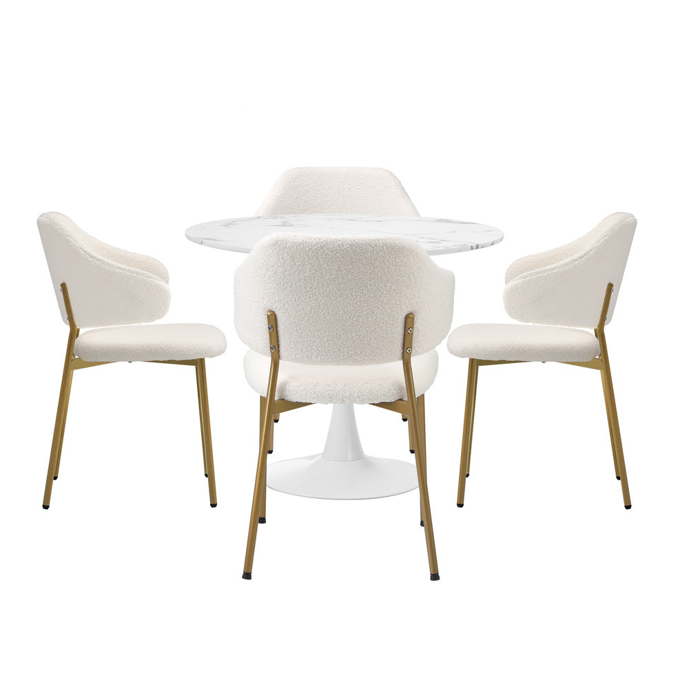 Oikiture 90cm Round Dining Table with 4x Dining Chairs Sherpa Gold&White