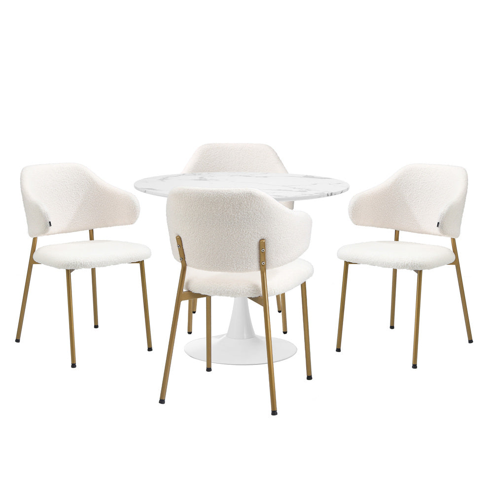 Oikiture 90cm Round Dining Table with 4x Dining Chairs Sherpa Gold&White