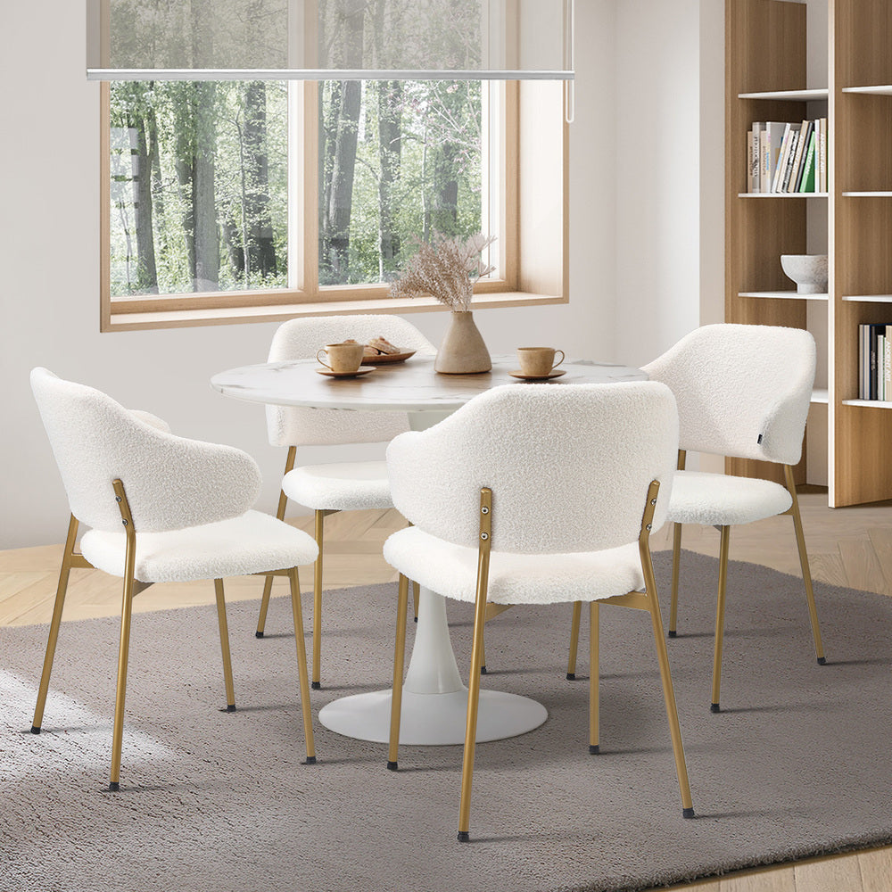 Oikiture 90cm Round Dining Table with 4x Dining Chairs Sherpa Gold&White