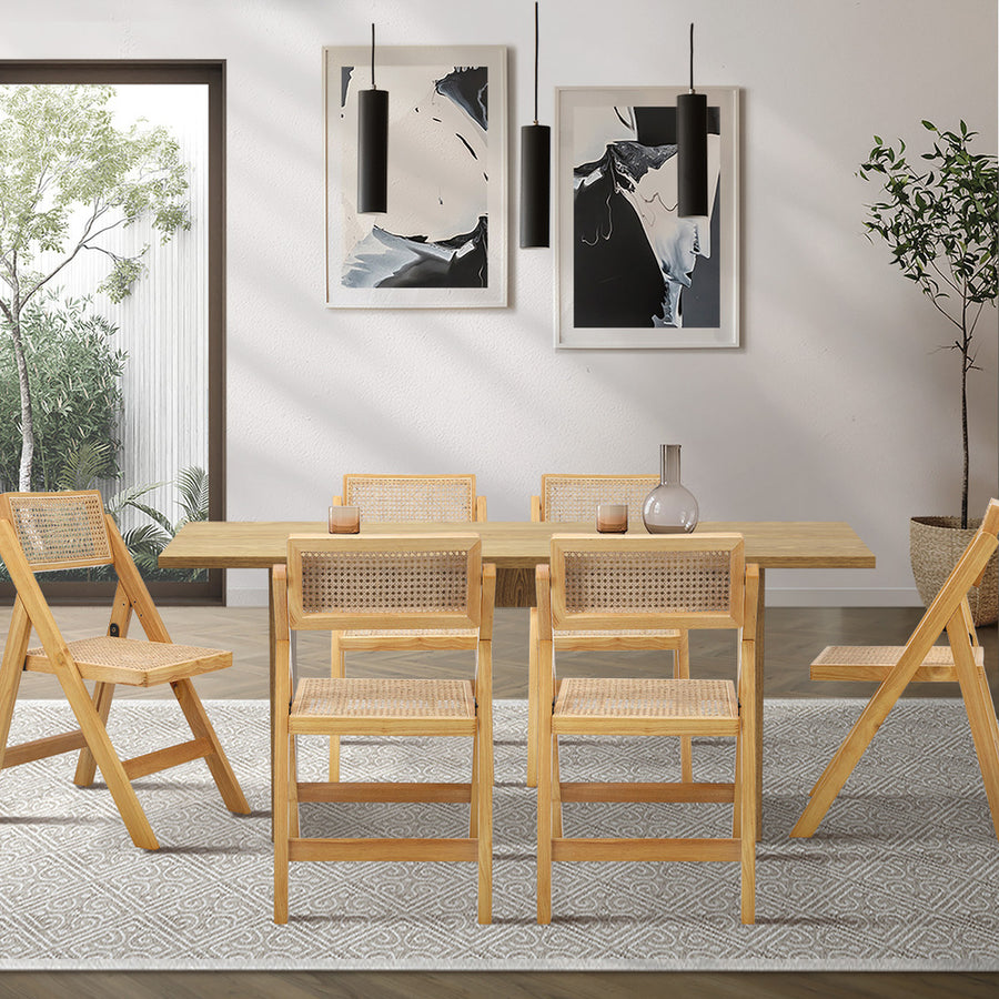 Oikiture 180cm Rectangular Dining Table with 6PCS Dining Chairs Foldable Natural