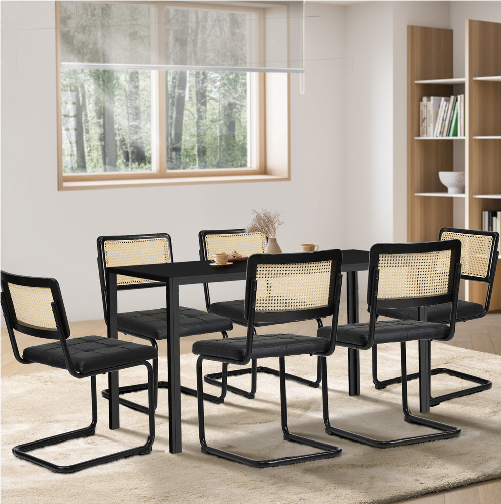 Oikiture 140cm Rectangle Dining Table with 6PCS Dining Chairs Leather Black