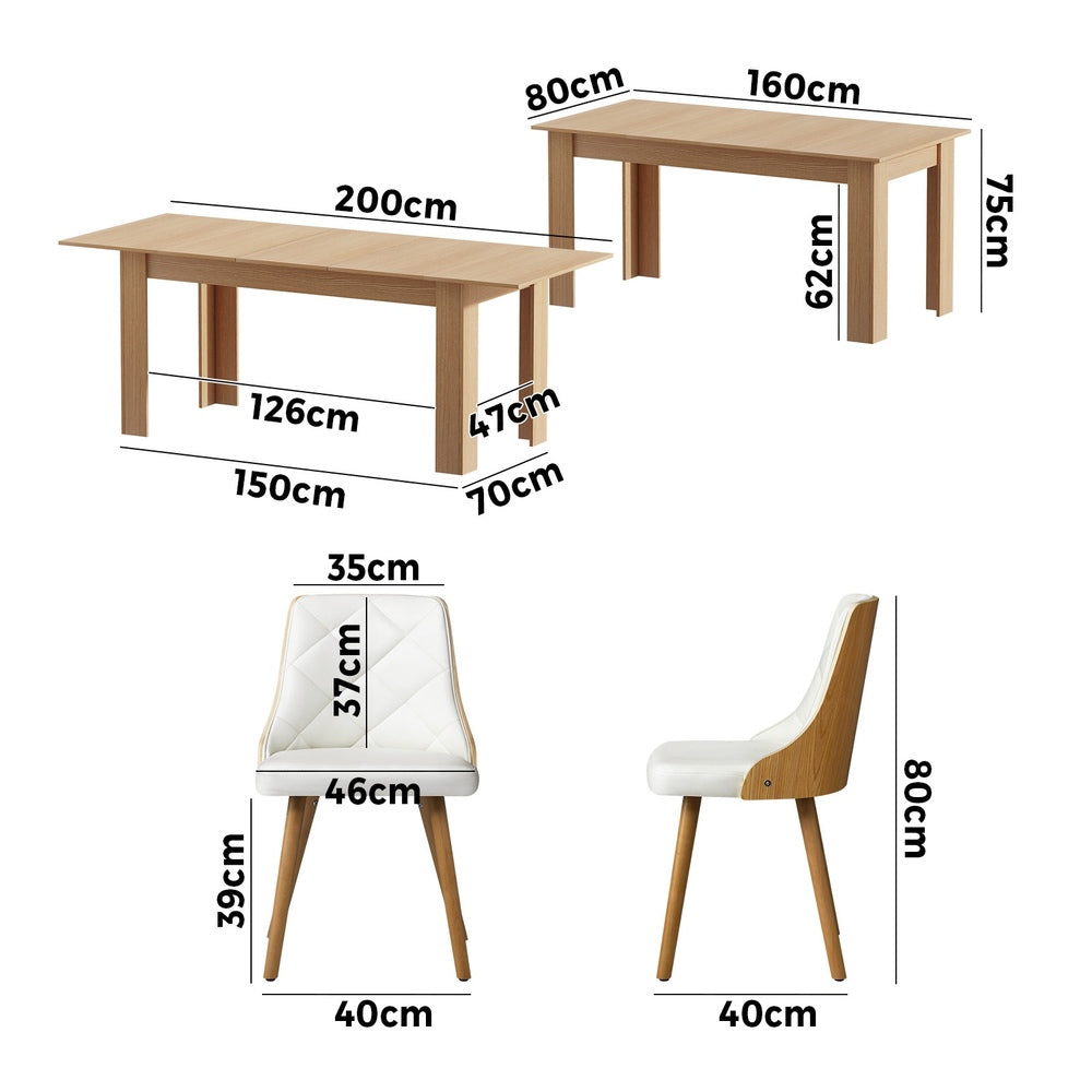 Oikiture 200cm Extendable Dining Table with 6PCS Dining Chairs PU Leather White