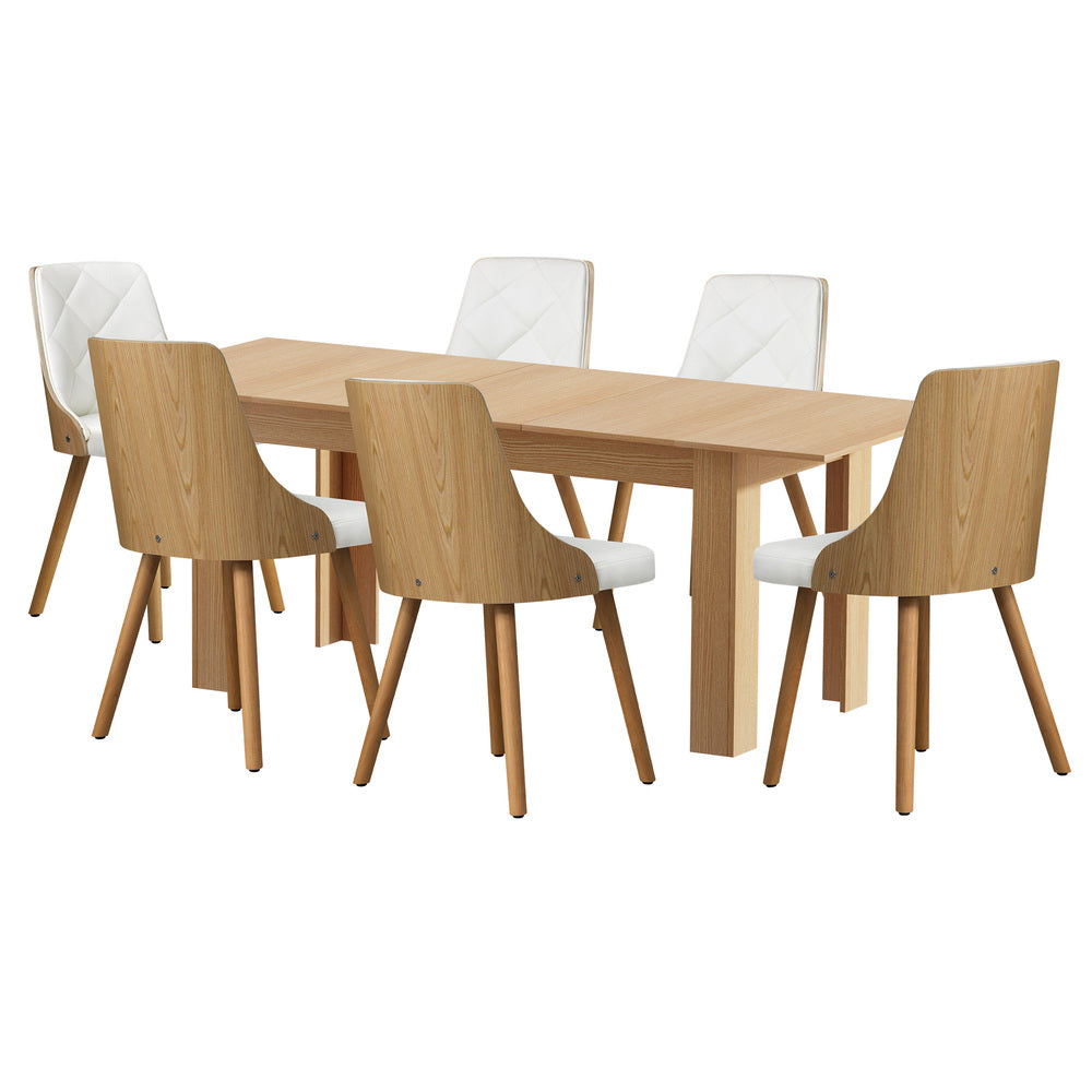 Oikiture 200cm Extendable Dining Table with 6PCS Dining Chairs PU Leather White