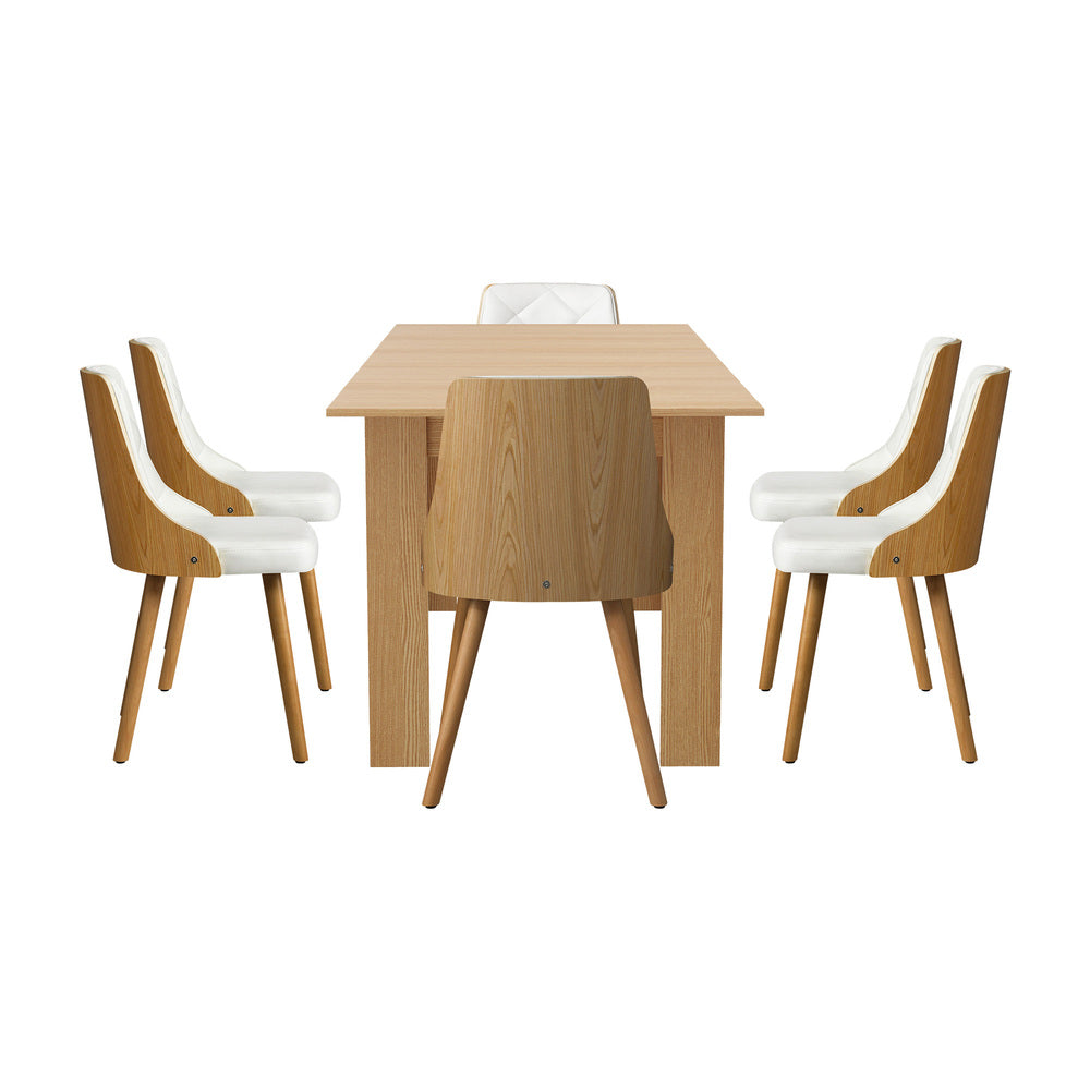 Oikiture 200cm Extendable Dining Table with 6PCS Dining Chairs PU Leather White