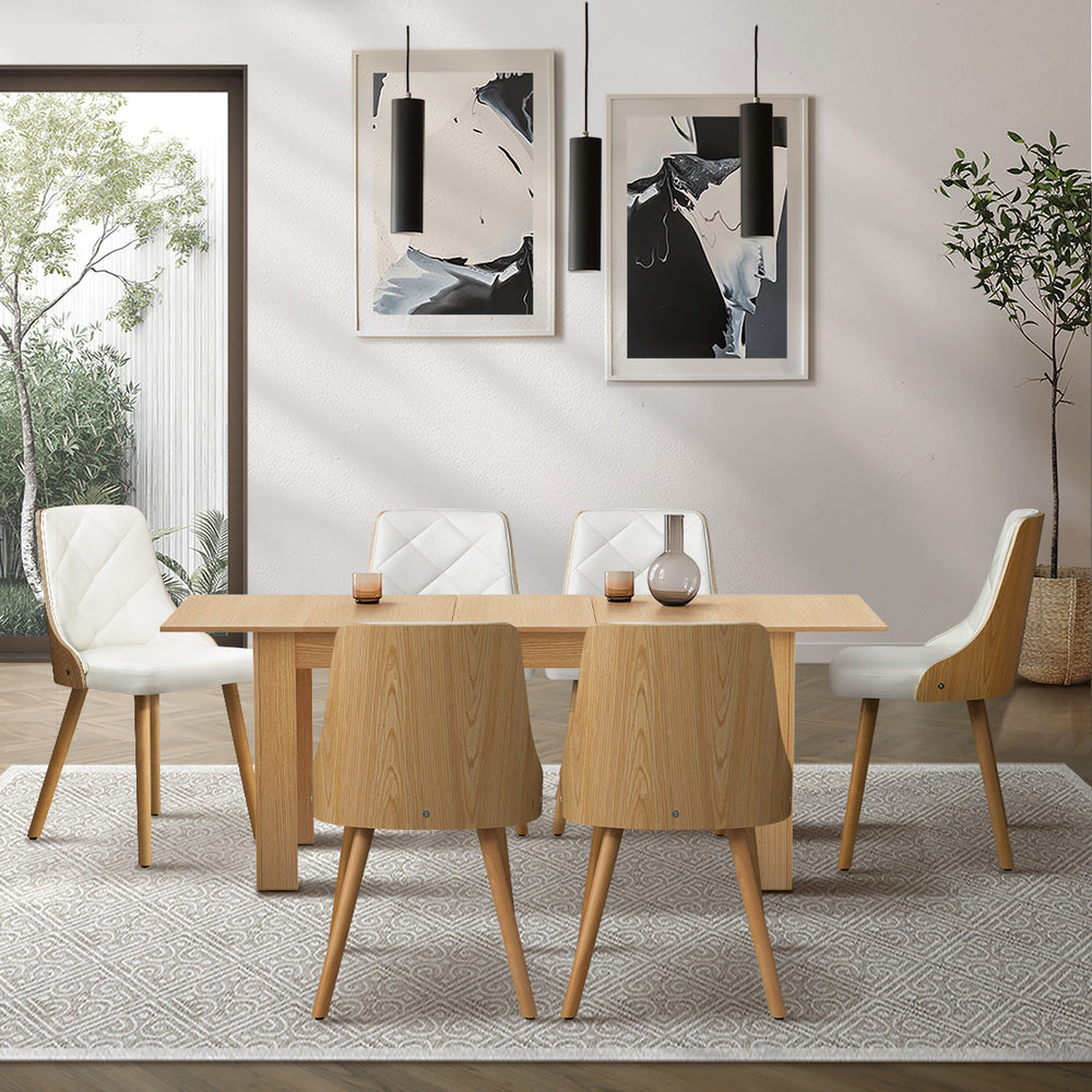 Oikiture 200cm Extendable Dining Table with 6PCS Dining Chairs PU Leather White