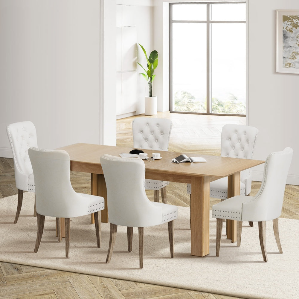 Oikiture 200cm Extendable Dining Table with 6PCS Dining Chairs Velvet Beige