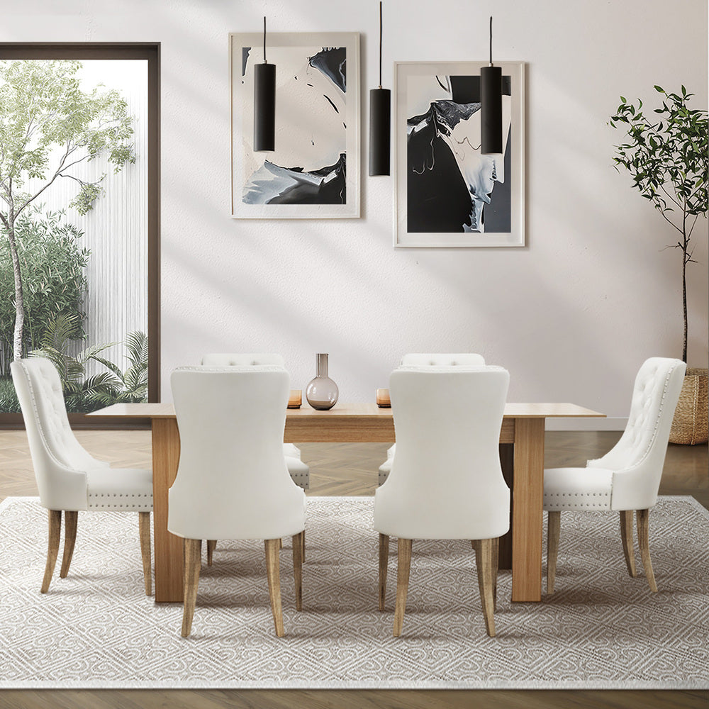 Oikiture 200cm Extendable Dining Table with 6PCS Dining Chairs Velvet Beige
