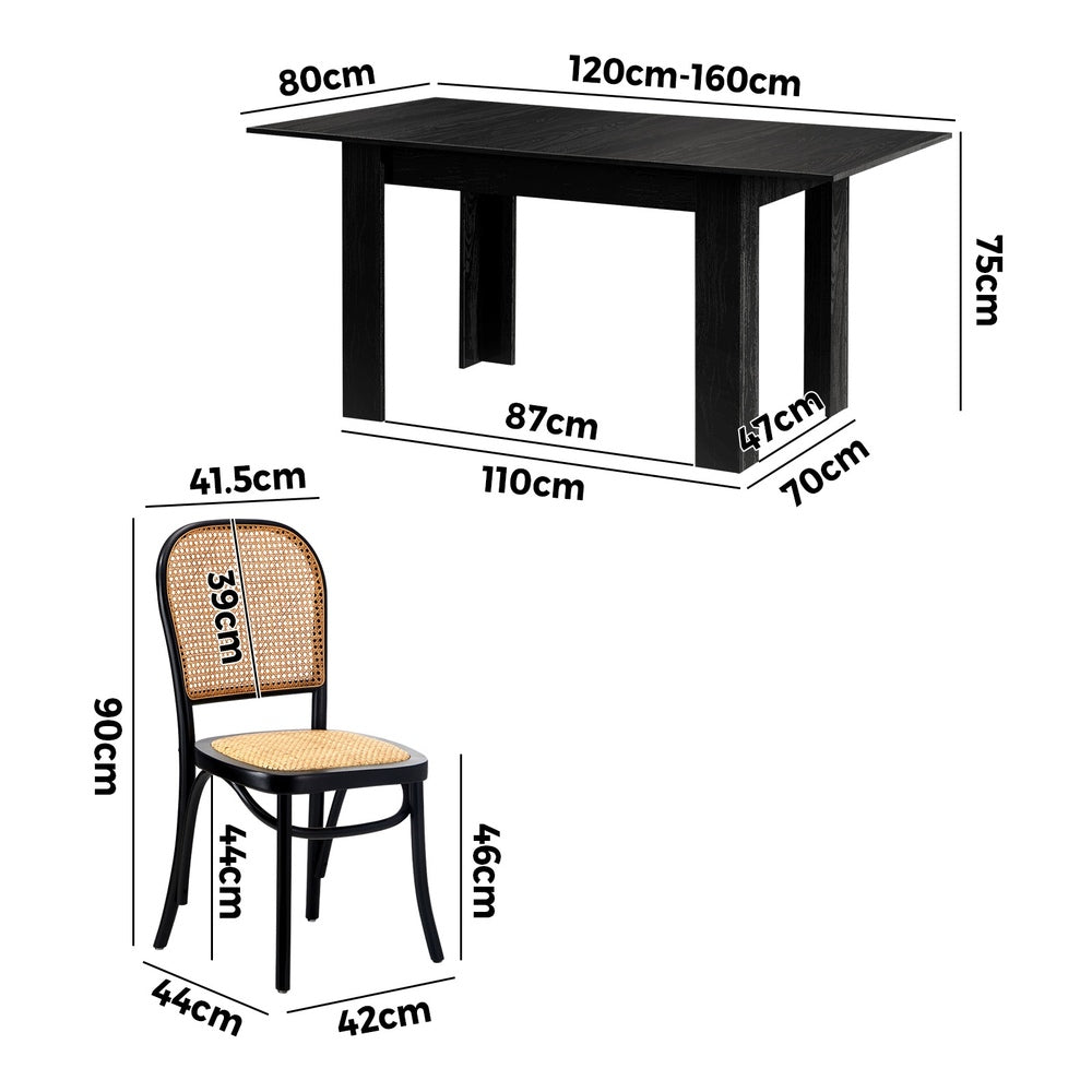 Oikiture 160cm Extendable Dining Table with 6PCS Dining Chairs Rattan Black