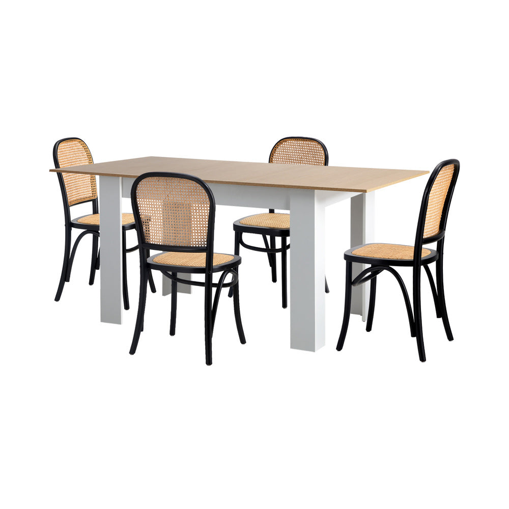 Oikiture 160cm Extendable Dining Table with 4PCS Chairs Rattan White