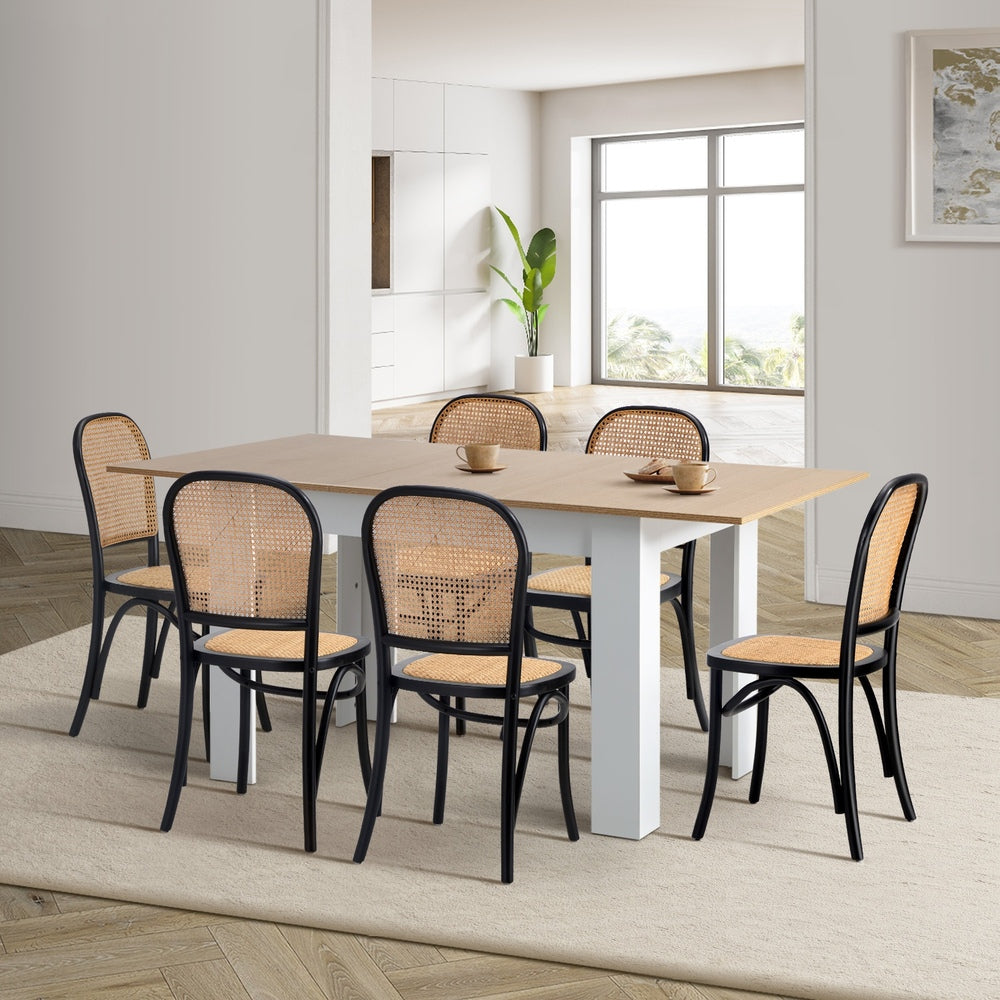 Oikiture 160cm Extendable Dining Table with 6PCS Chairs Rattan White