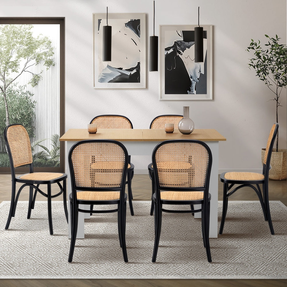 Oikiture 160cm Extendable Dining Table with 6PCS Chairs Rattan White