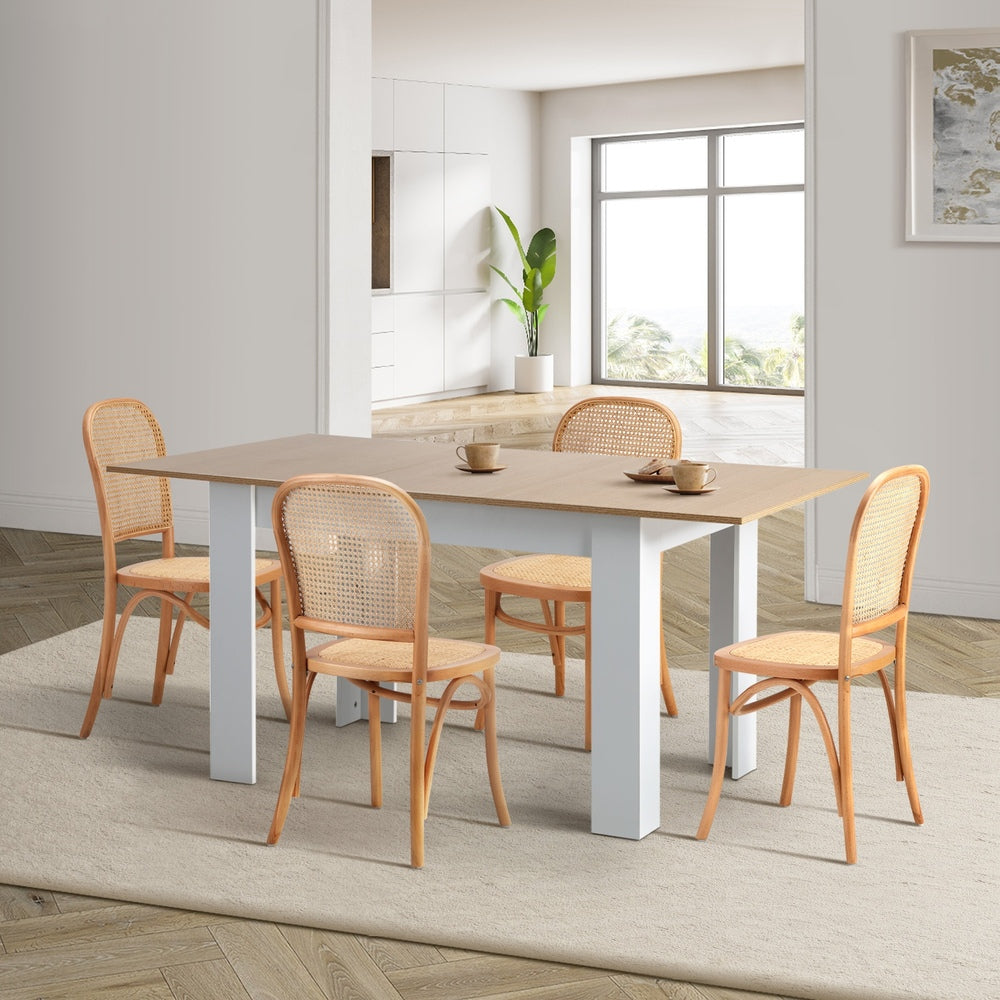 Oikiture 160cm Extendable Dining Table with 4PCS Chairs Rattan Natural