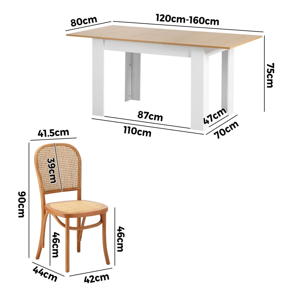 Oikiture 160cm Extendable Dining Table with 4PCS Chairs Rattan Natural