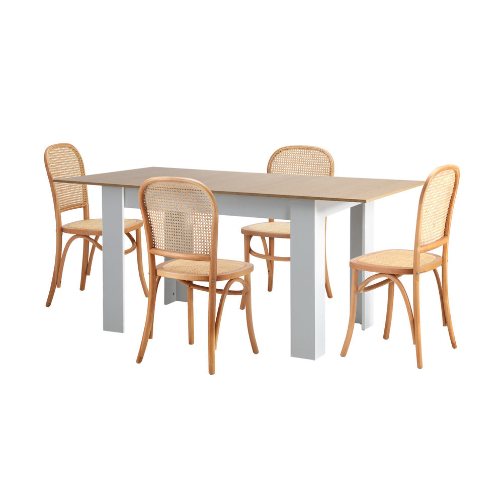 Oikiture 160cm Extendable Dining Table with 4PCS Chairs Rattan Natural