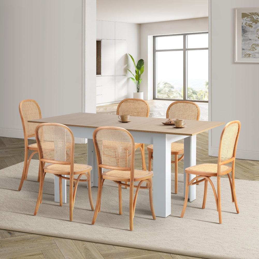 Oikiture 160cm Extendable Dining Table with 6PCS Chairs Rattan Natural