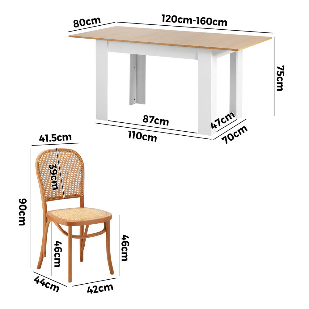 Oikiture 160cm Extendable Dining Table with 6PCS Chairs Rattan Natural