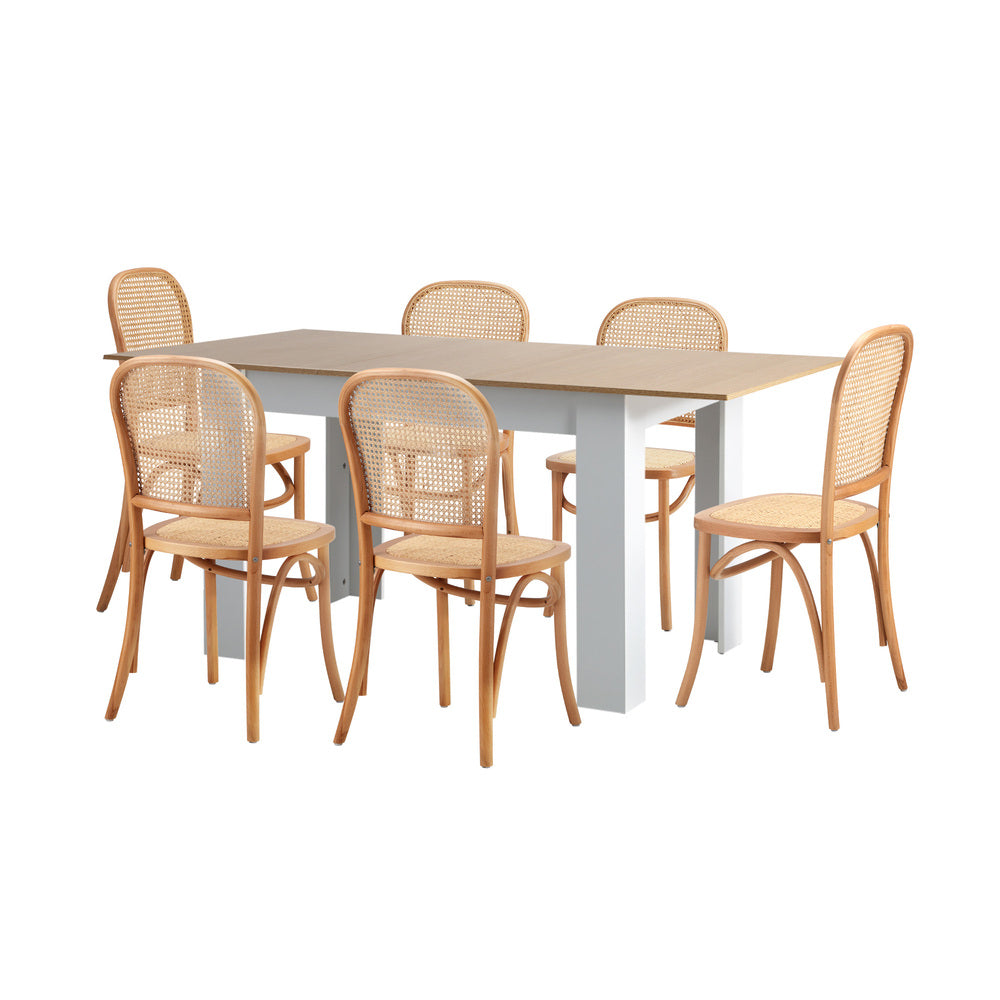 Oikiture 160cm Extendable Dining Table with 6PCS Chairs Rattan Natural