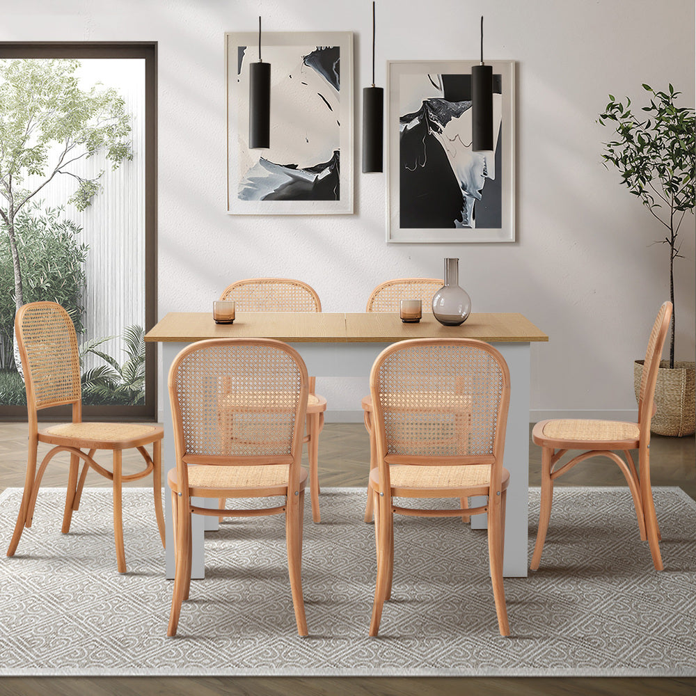 Oikiture 160cm Extendable Dining Table with 6PCS Chairs Rattan Natural