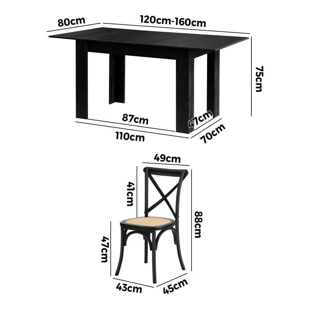 Oikiture 160cm Extendable Dining Table with 6PCS Dining Chairs Geometric Black