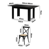 Oikiture 160cm Extendable Dining Table with 6PCS Dining Chairs Geometric Black