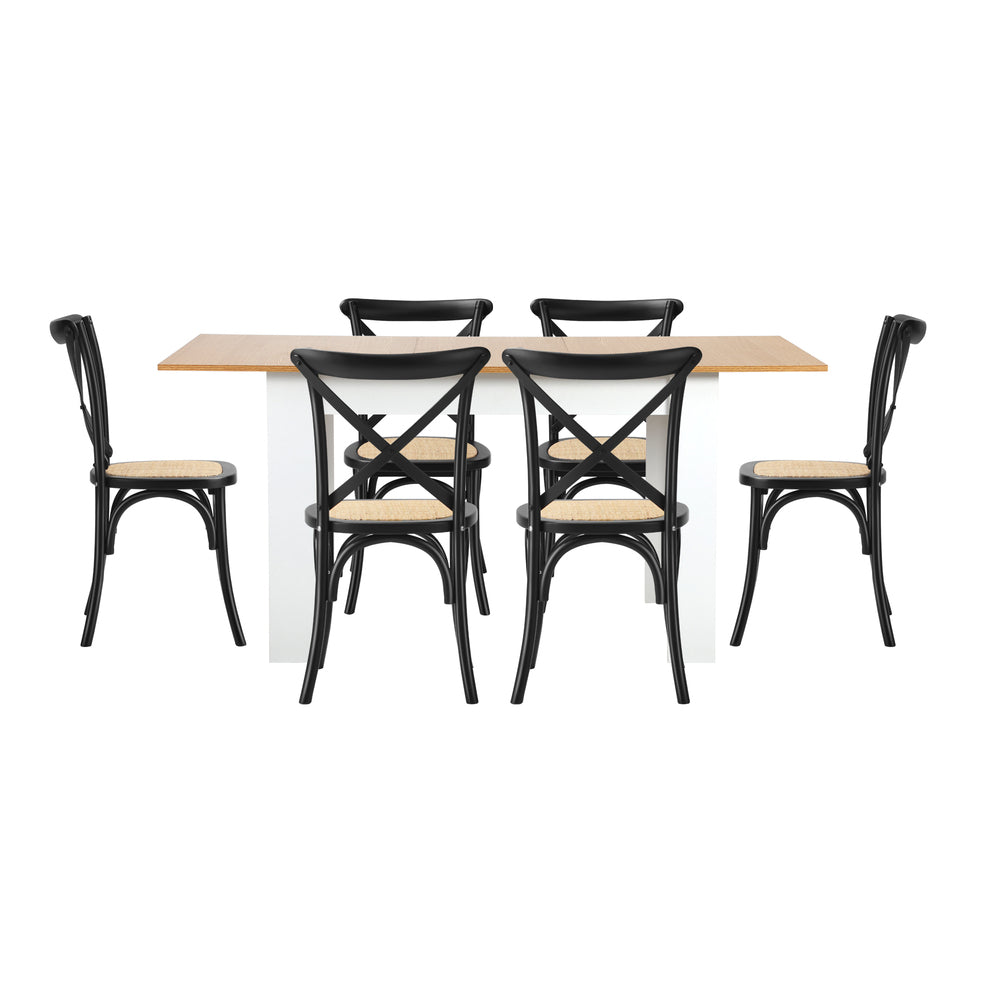 Oikiture 160cm Extendable Dining Table with 6PCS Chairs Crossback Black
