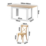 Oikiture 160cm Extendable Dining Table with 4PCS Chairs Crossback Wooden