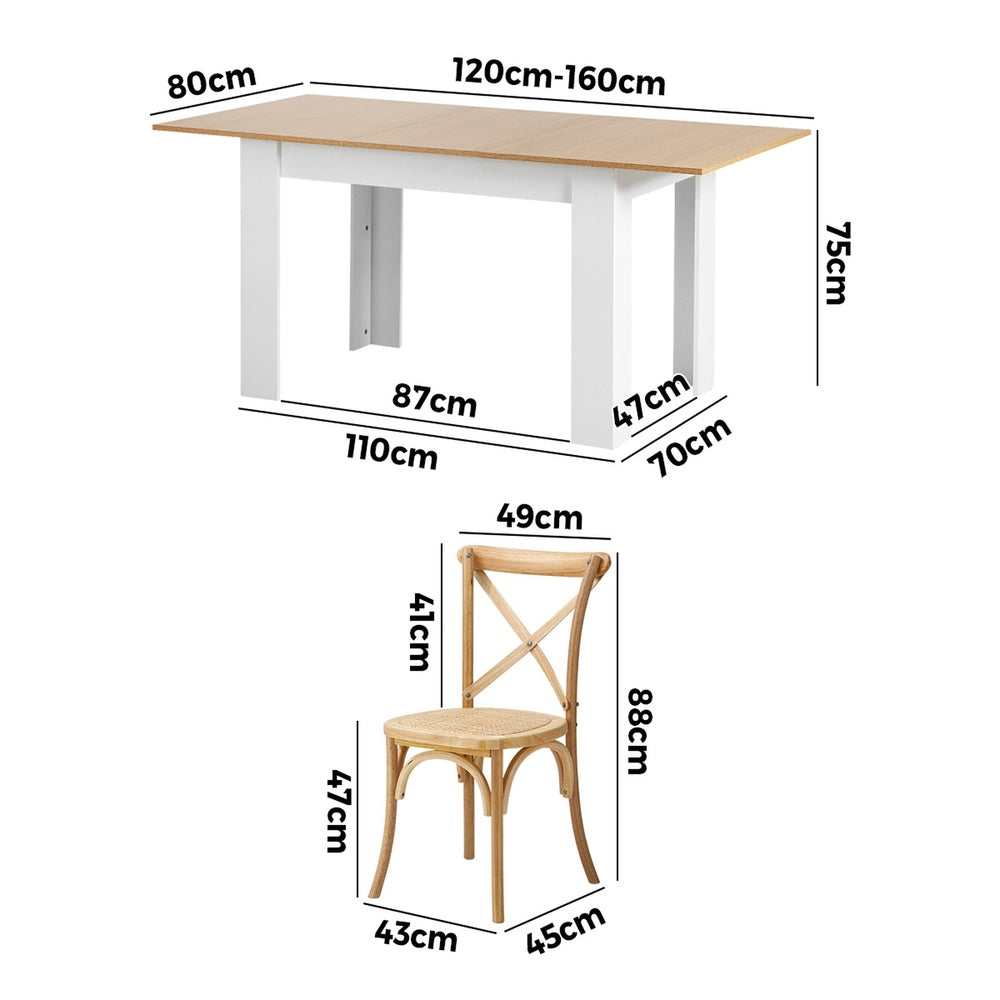 Oikiture 160cm Extendable Dining Table with 4PCS Chairs Crossback Wooden