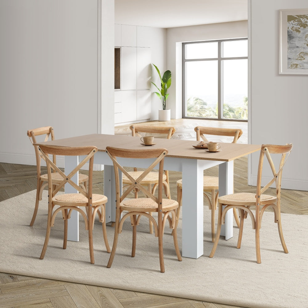 Oikiture 160cm Extendable Dining Table with 6PCS Chairs Crossback Wooden
