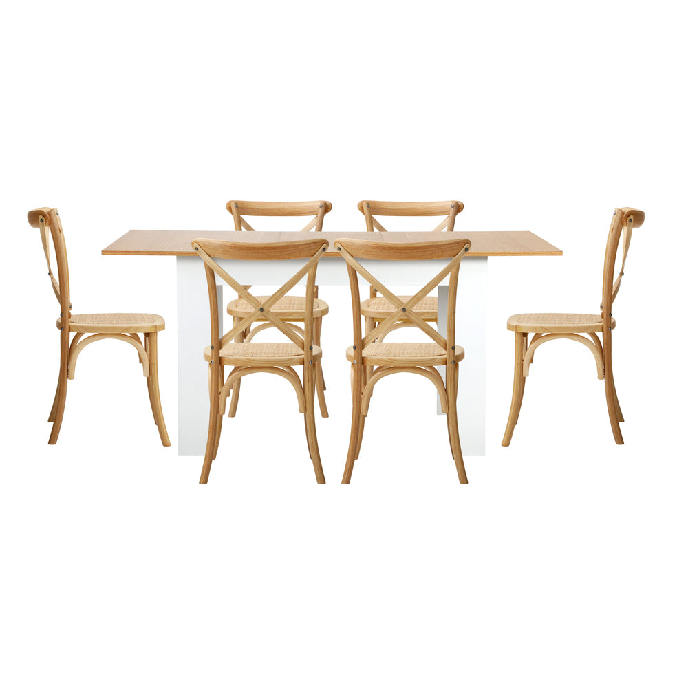 Oikiture 160cm Extendable Dining Table with 6PCS Chairs Crossback Wooden