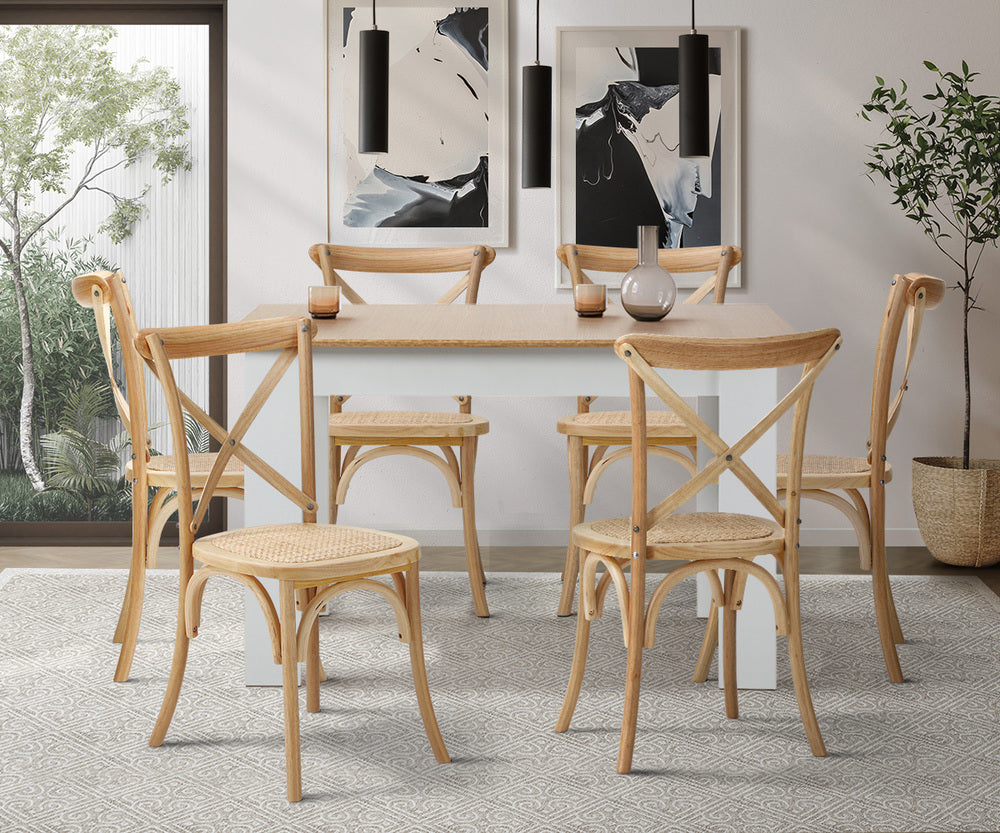 Oikiture 160cm Extendable Dining Table with 6PCS Chairs Crossback Wooden