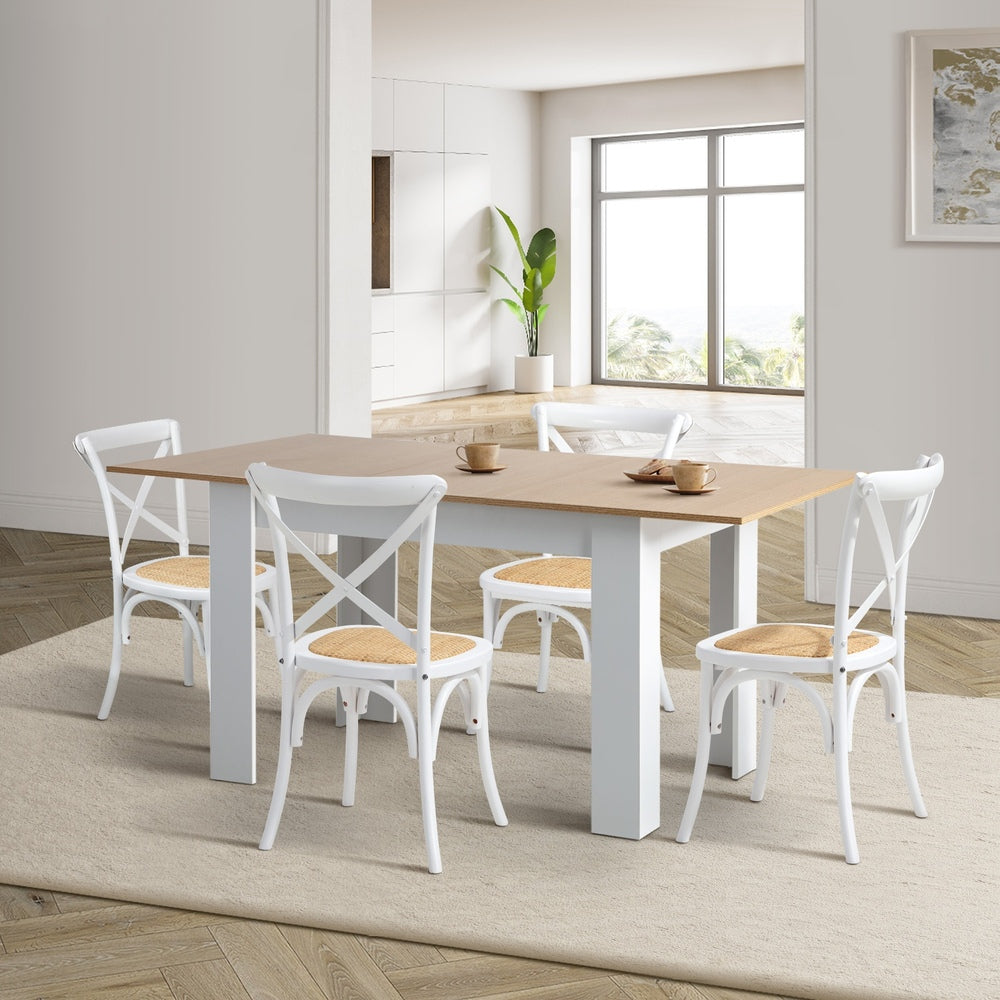 Oikiture 160cm Extendable Dining Table with 4PCS Chairs Crossback White