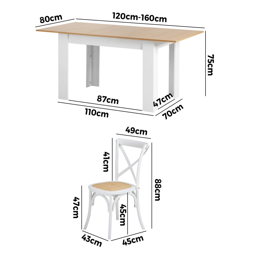 Oikiture 160cm Extendable Dining Table with 4PCS Chairs Crossback White