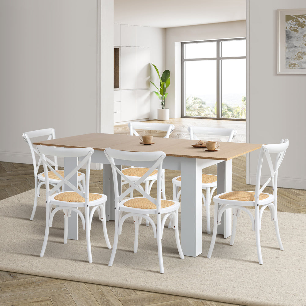 Oikiture 160cm Extendable Dining Table with 6PCS Chairs Crossback White